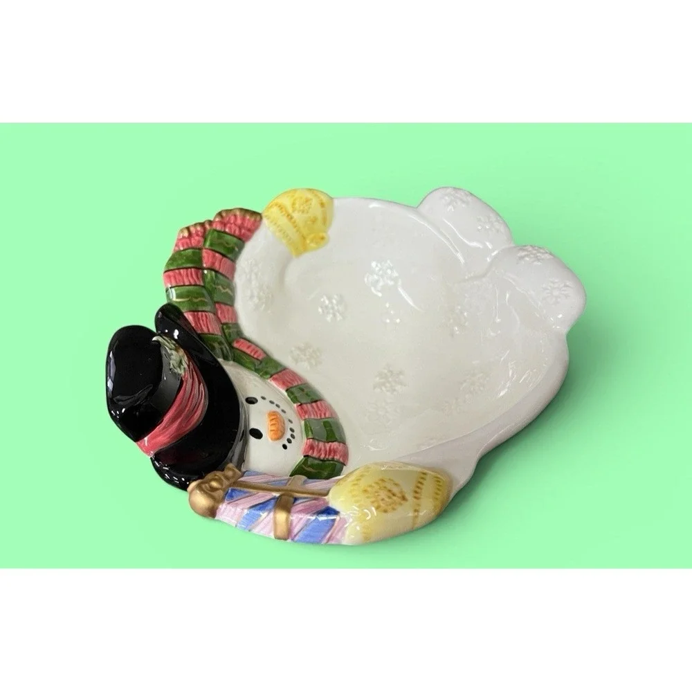 Fitz & Floyd Frosty Folks Snowman Candy Bowl Dish Winter Holiday Christmas Decor